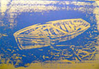 Malerei in blau und beige mit Boot