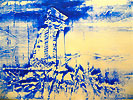 Malerei in blau mit Ruinenmotiv