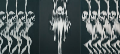 Rythmogramm mit tanzenden Figuren nach rechts schauend in grau und weiss